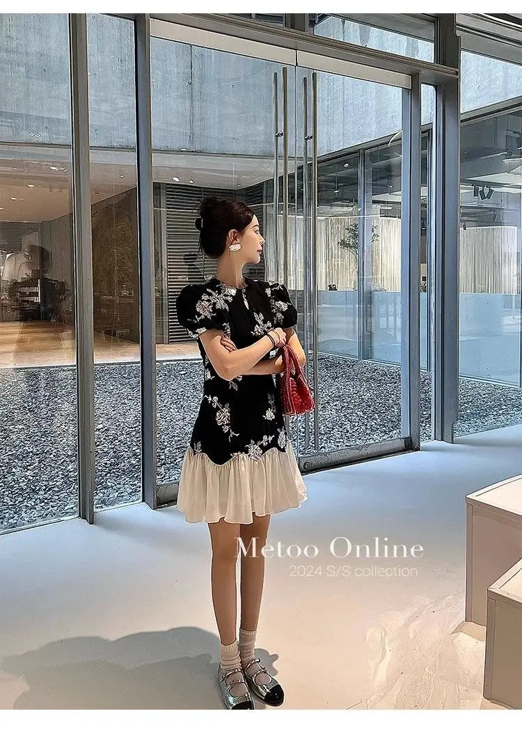 Slim Sequin Embroidery Chinese Style Splice Dress for Women