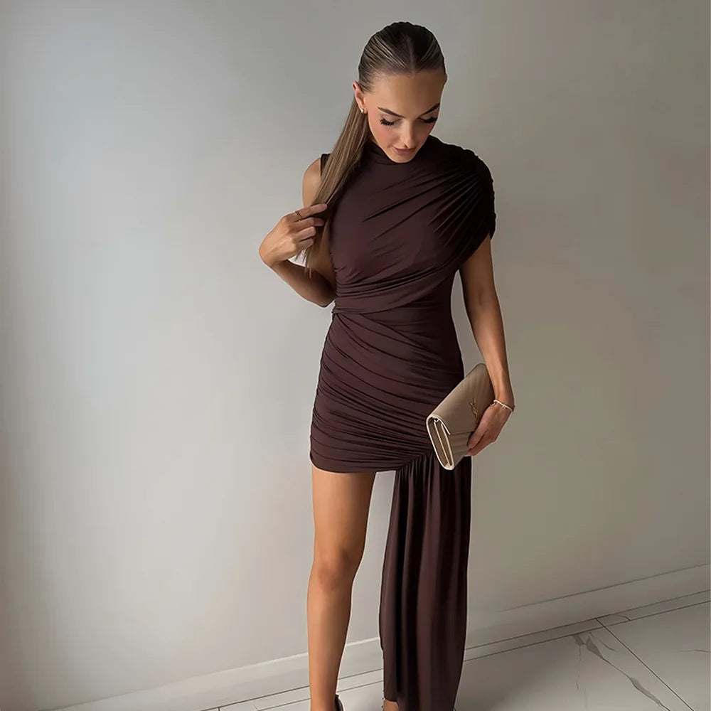 Elegant Irregular Pleated Tassel High Waist Mini Dress for Women