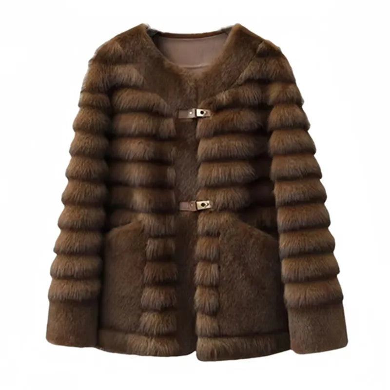 Faux Fur Coat for Women,Single Breasted Jacket,Thicken Warm,High Quality,Preppy Style, Female Clothes,New,Winter,2025