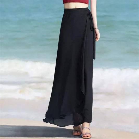 Lace-Up Summer Skirt Holiday style Chiffon Halfskin Skirt Women's 2023 Summer New Thin Dropping Long Wrapped Hip Skirt Khaki Bla
