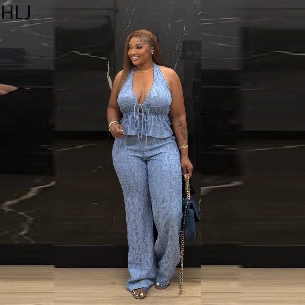 Casual Jacquard Halter Top and Wide Leg Pants Set for Women