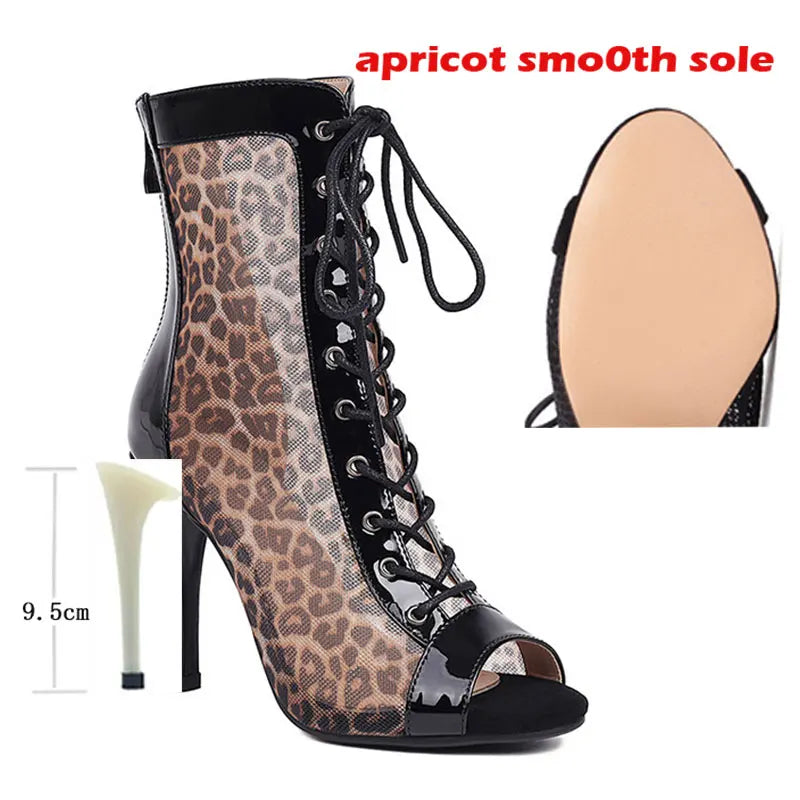 Leopard Print Latin Dance Heeled Ankle Boots for Women