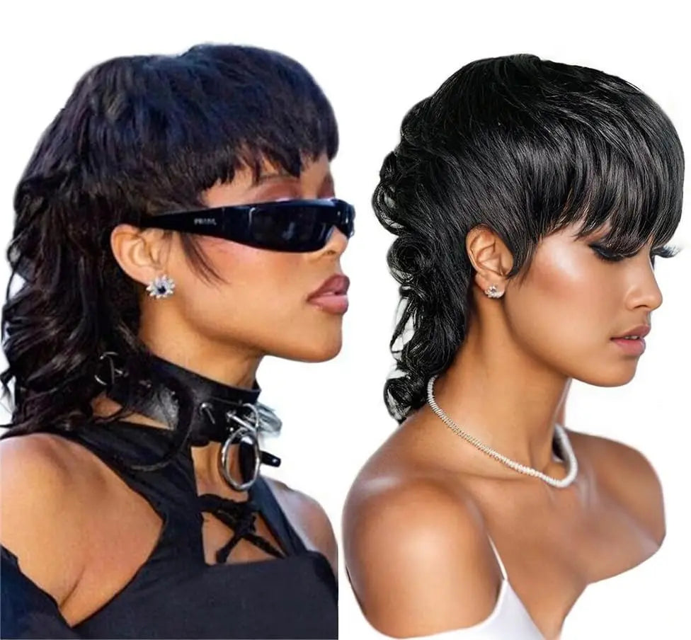 Wear And Go Pixie Cut  Wig Short Loose Wave Glueless No Lace Wigs For Women Full Machine Made Wig With Bangs Mullet Style 180% D