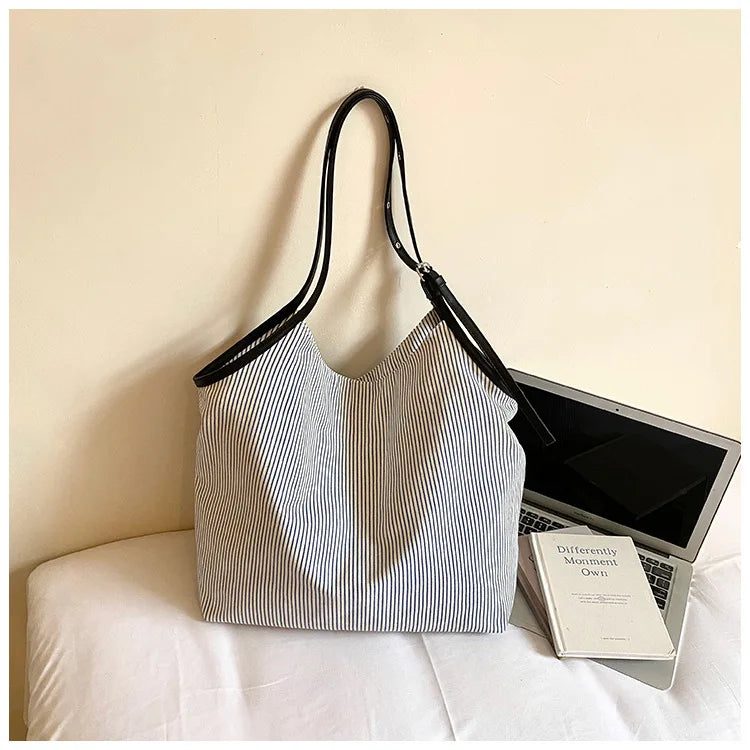 Casual Stripe Canvas Lightweight Shoulder Tote Bag for Women