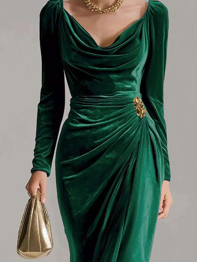 Elegant Velvet Draped Square Neck Long Sleeve A-Line Dress for Women