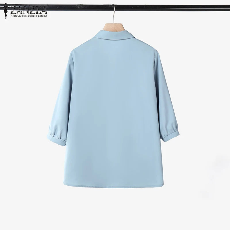 ZANZEA Women Vintage Pintuck Shirts Casual Turn-Down Collar Half Puff Sleeve Button Up Chemises Femme Street Fashion Solid Tops