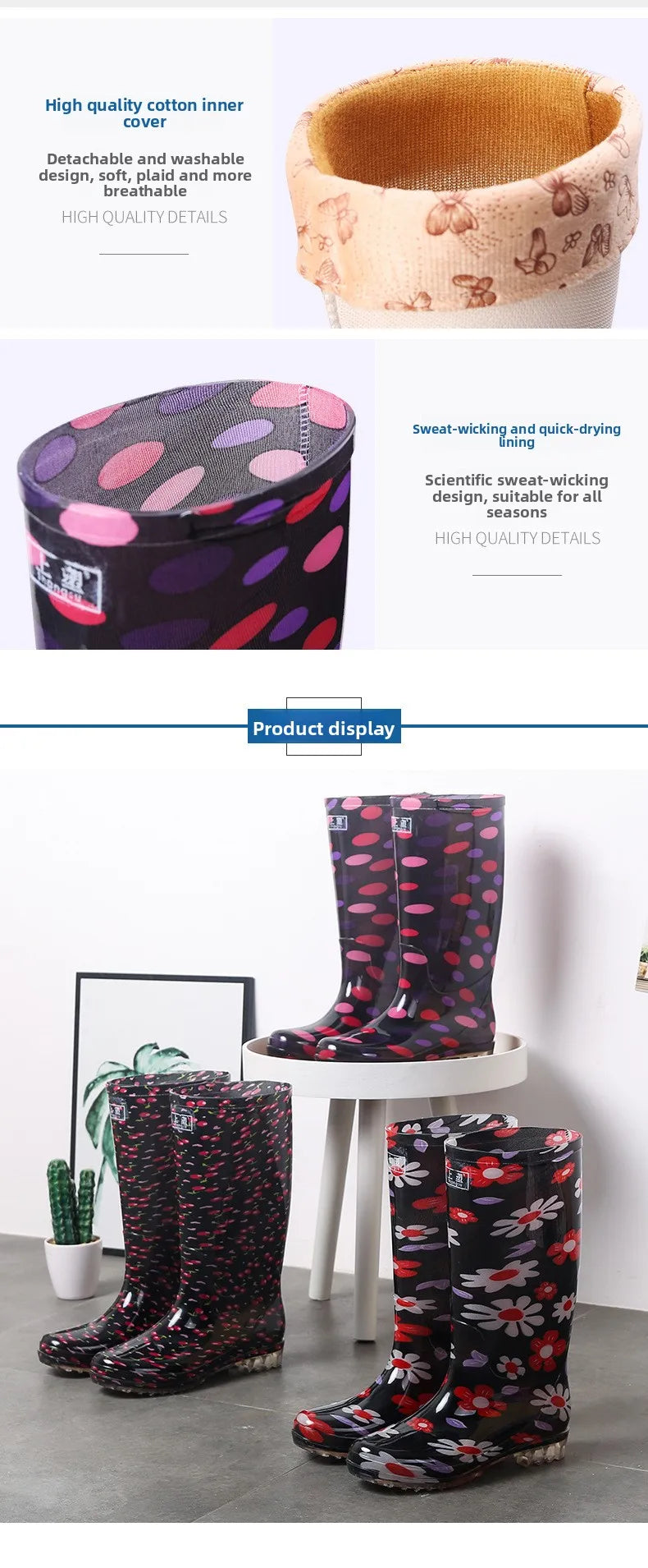 Floral Printed Anti Slip Comfortable Rain Boots For Women