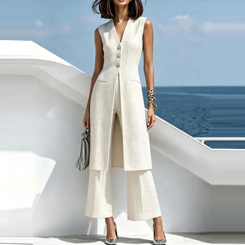 Elegant V-Neck Sleeveless Two-Piece Pants Set for Women