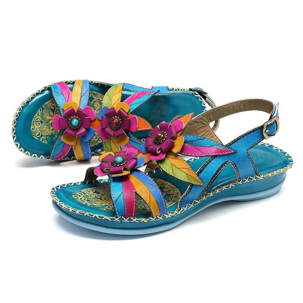 Retro Handmade Leather Wedge Sandals With Mixed Colors for Women