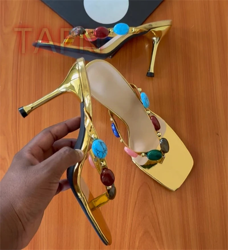 Gold Patent Beaded Square Toe Thong Mules for Women