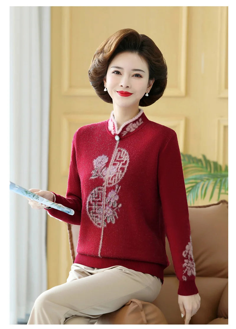2025 Autumn New Mom's Velvet And Warm Knitted Embroidered Bottom Shirts Imitation Mink Fleece Winter Inner Plsh Thick Pullover