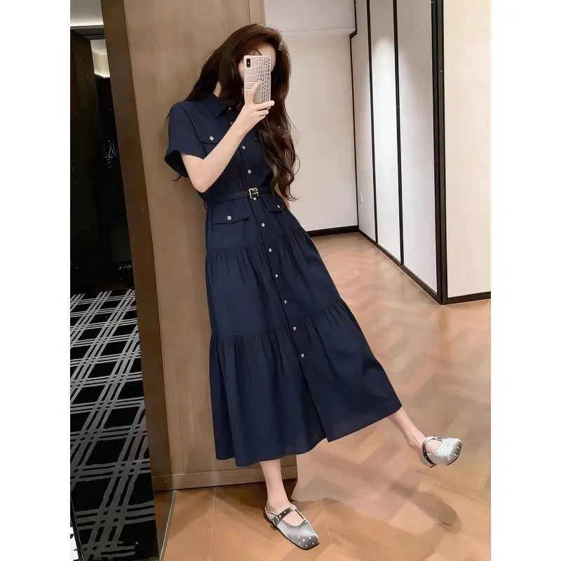 French Blue Short Sleeve Shirt Dress