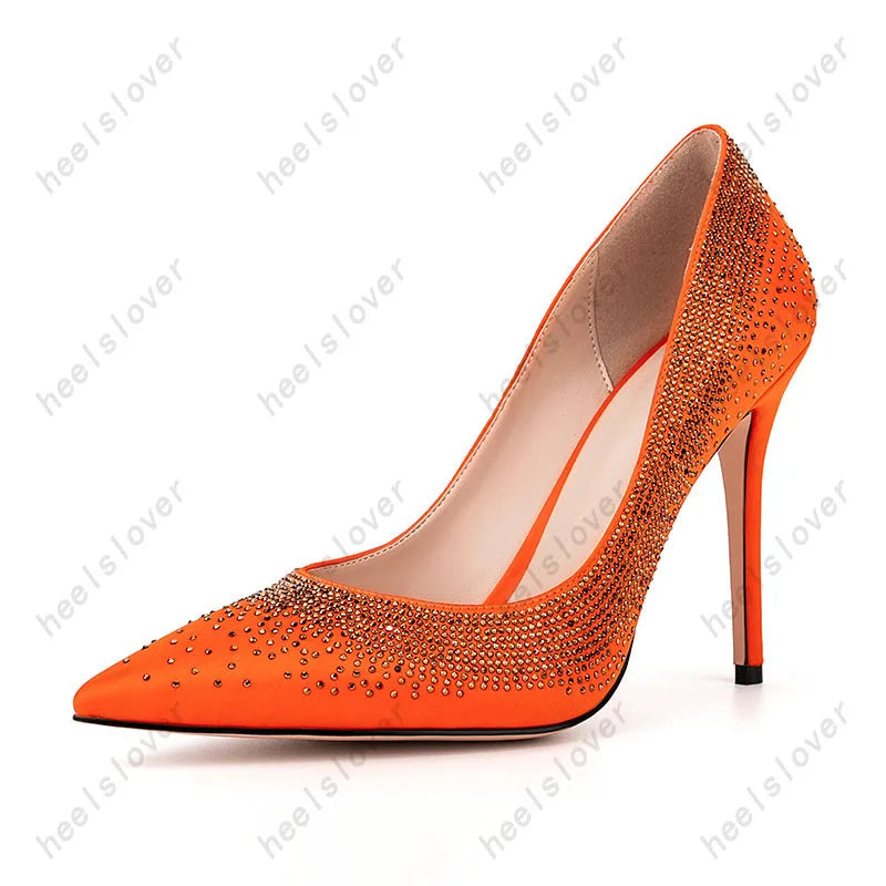 Elegant Orange Rhinestone Pointed Toe Pumps For Women