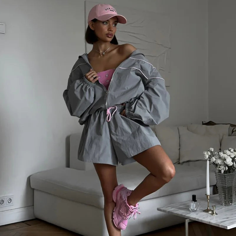 Casual Striped Lapel Jacket And Shorts Set for Women