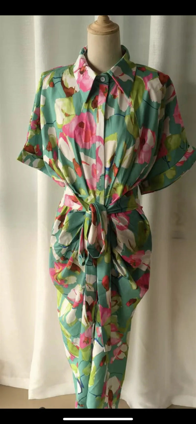 Printed Button Front Ankle Length Shirt Dress with Belt for Women