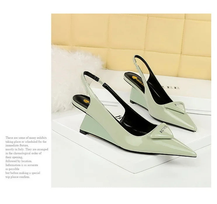 Patent Leather Wedge Heel Pumps With Back Strap for Women