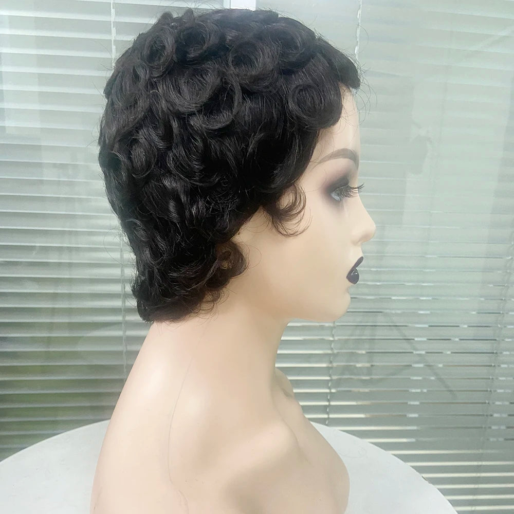 Short Curly Layered Pixie Cut Human Hair Wig for Women