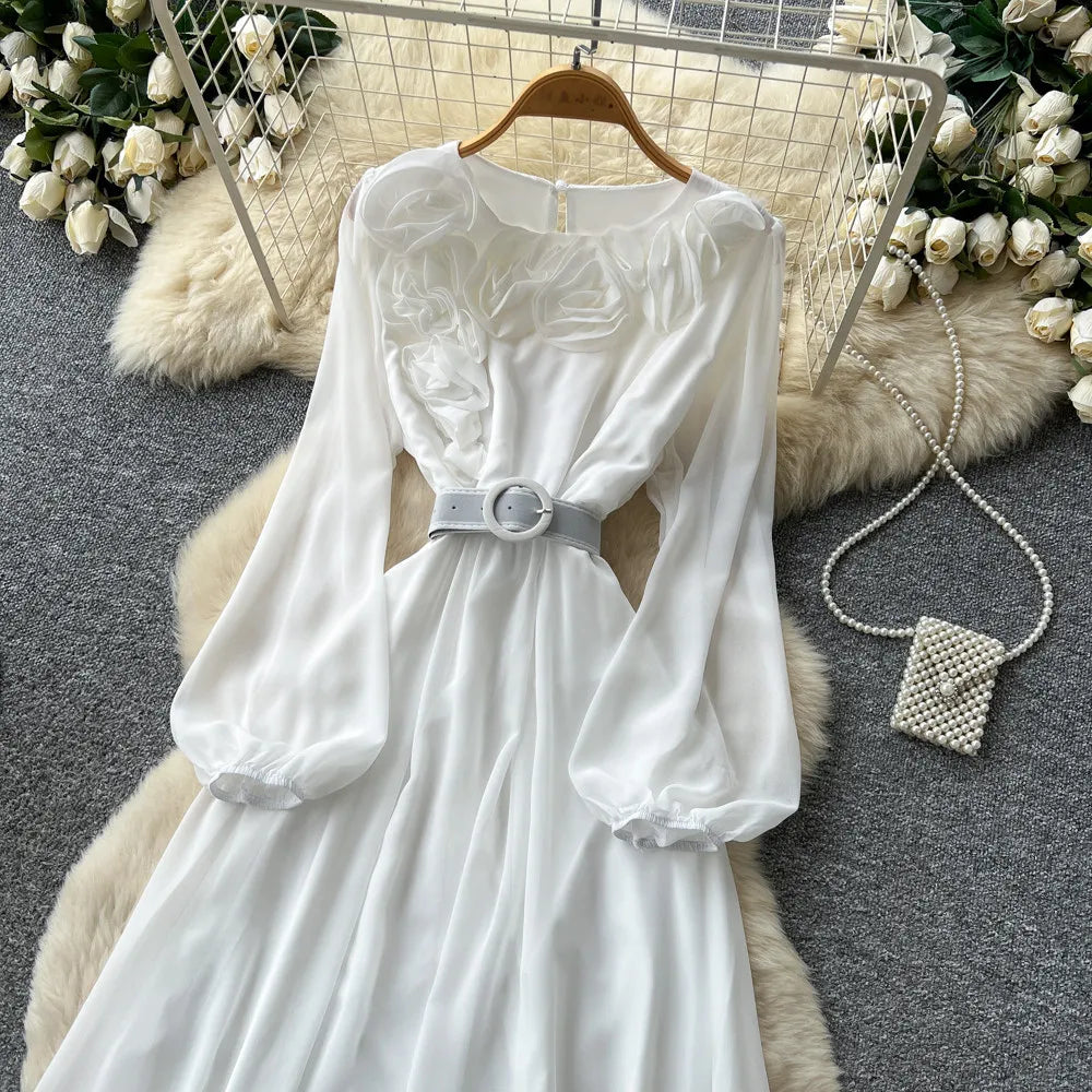 Floral Lace V Neck Long Sleeve A Line Midi Dress for Women