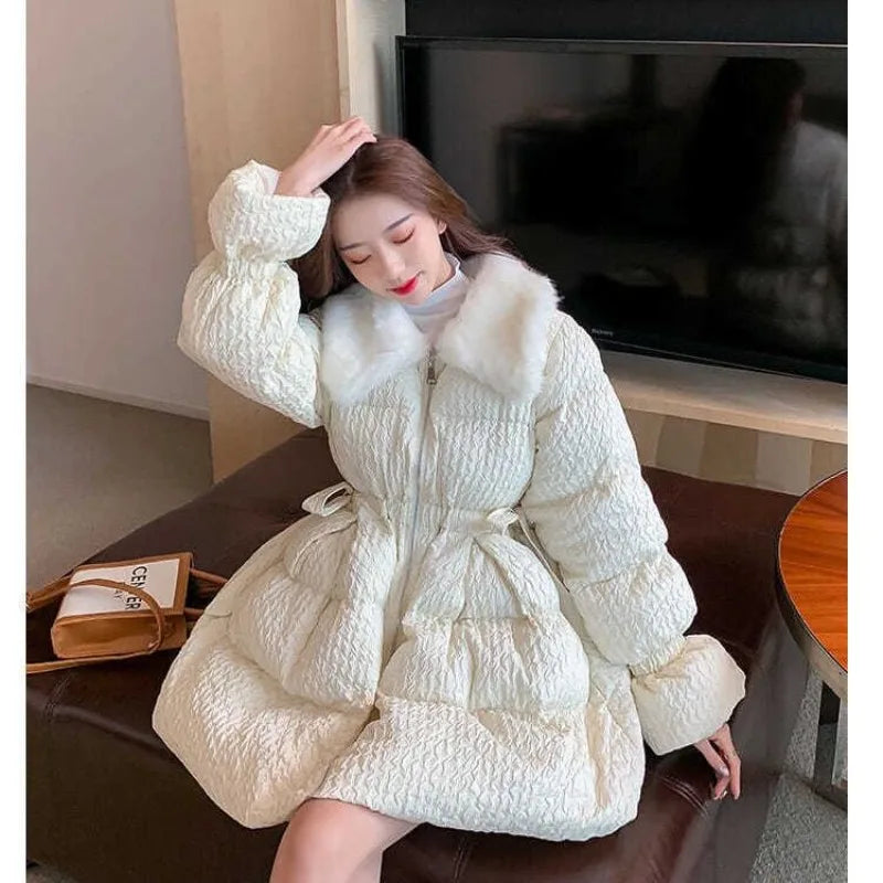 Women Cotton Padded Jacket Coat Female Winter Student Clothing Big Fur Collar Fashionable Medium To Long Parkas