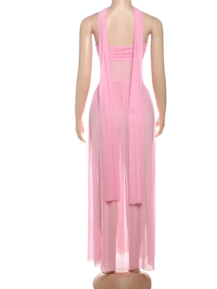 Mesh Shirred Strapless Maxi Dress