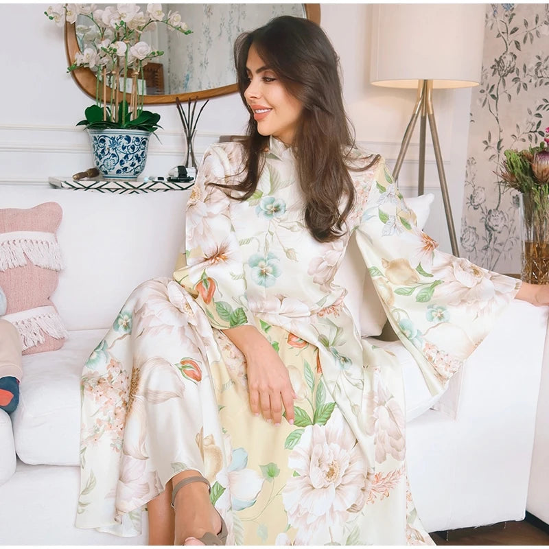 Elegant Print Dress with Stand Collar and Flare Sleeves for Women