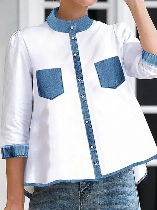 Beautyblue Pockets Shirts Women's High-Low Blouses 2025 New Summer Buttoned A-line Mock Neck Loose Casual Female T-shirts Tops