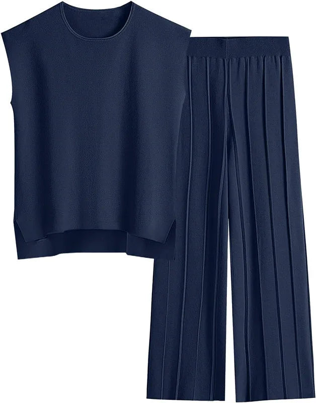 Summer Soft Knit Sleeveless Vest and Wide Leg Pants Set for Women