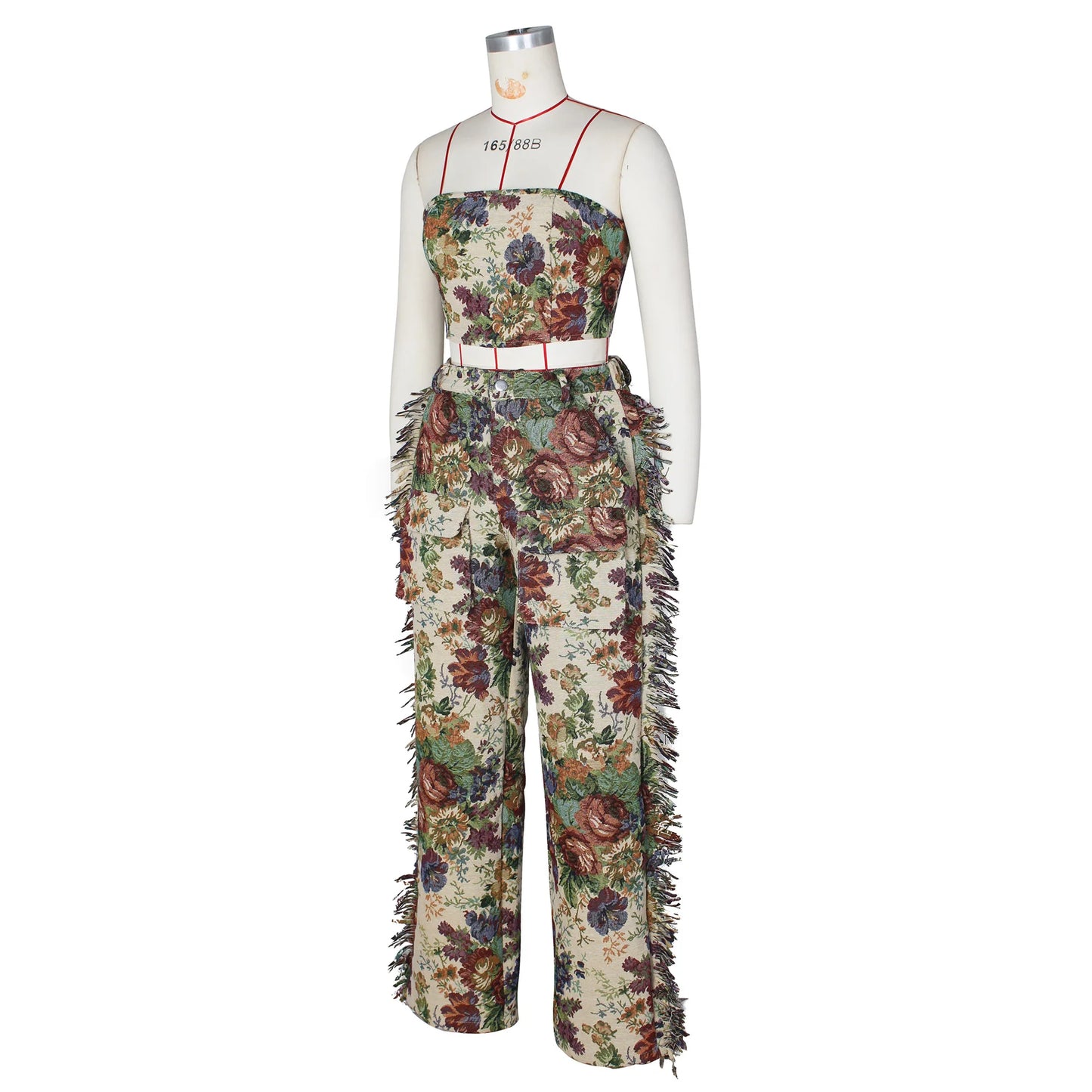 Floral Print Strapless Knitted Two Piece Cargo Pants Set for Women
