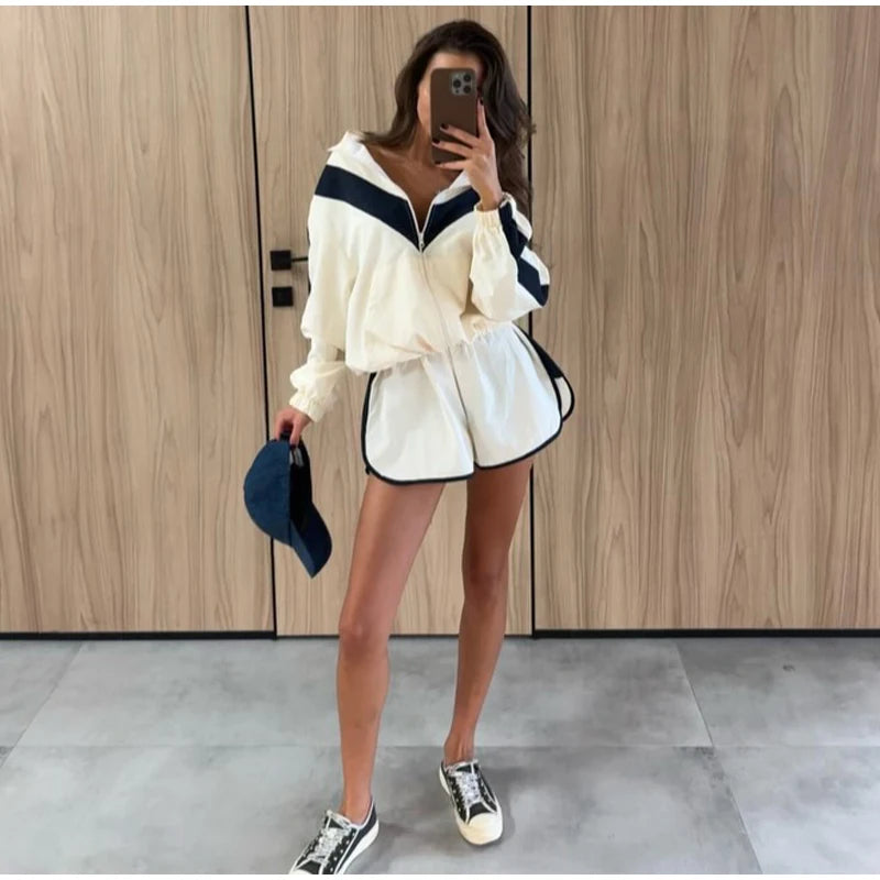 Color Block Zip Jacket and Shorts Tracksuit for Women