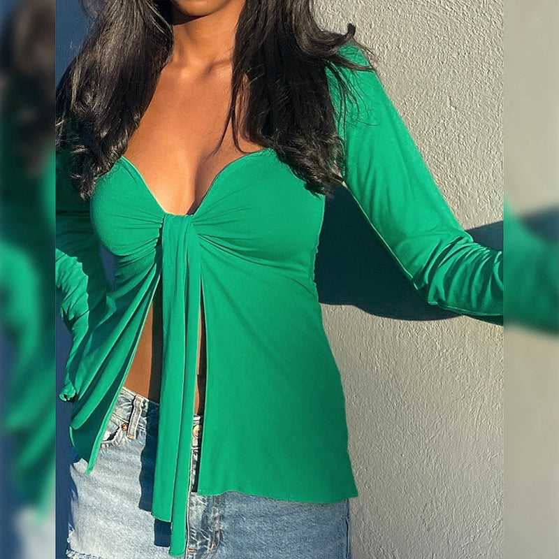 Y2K Cottage Retro Grunge Crop Tops Clothes Elegant Front Tie Up V Neck T-shirt 90s Vintage Chic Women Long Sleeve Blouse Tees