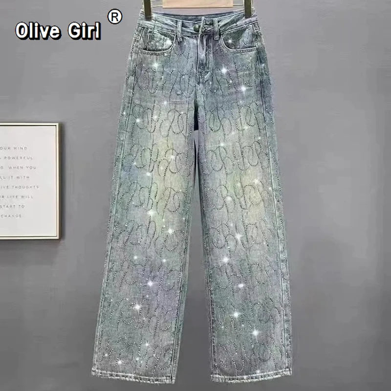 Diamond Rhinestone High Waist Wide Leg Denim Jeans for Women