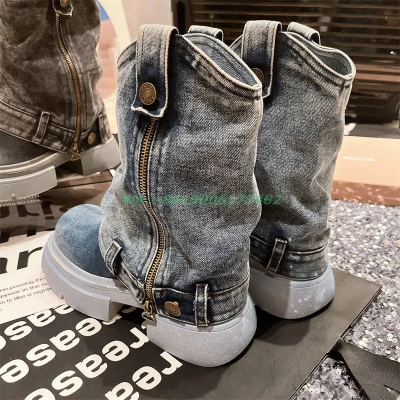 Design Women High Platform Sole Denim Flat Ankle Boots Lady Jeans Ankle Boots Platform Flat Denim Boots
