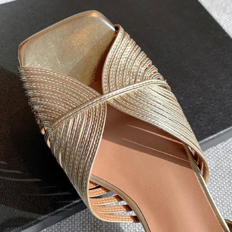 Leather Low Heel Peep Toe Sandals