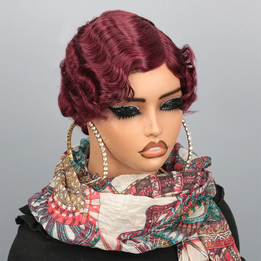 180% Density Glueless Brazilian Ocean Wave Human Hair Wig Burgundy 99J Colored Short Pixie Cut Loose Curly Finger Wave Style