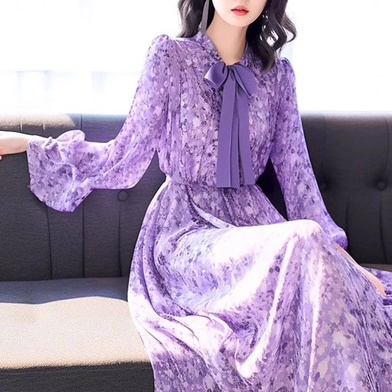 Floral Chiffon Bow Long Sleeve Dress