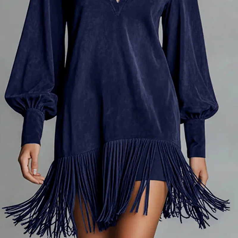Spring Retro Solid Imitation Suede Tassel Dress Woman Sexy Lapel Hollow A-Line Mini Dress Autumn Long Sleeve Elegant Party Dress