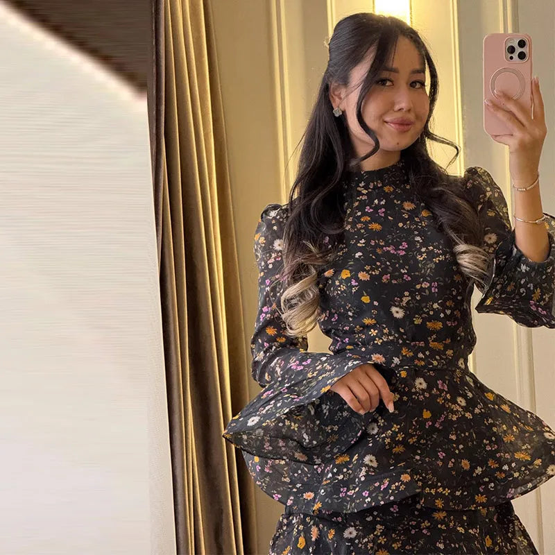 Chic Floral Bell Sleeve Floor-Length Dress For Women