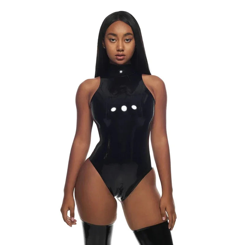 Classic High Neck Sleeveless Wet Look Bodysuit For Women