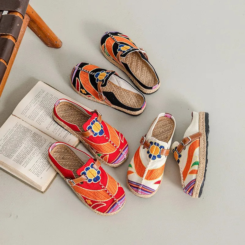 Lightweight Embroidered Cotton Linen Flat Slippers for Women