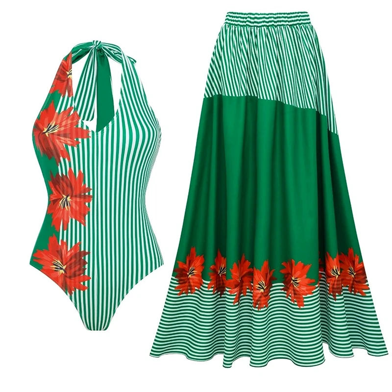 Striped Off Shoulder Bikini Set with High Waist Skirt for Women