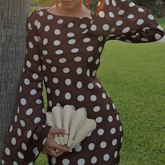 Women Fashion O-neck Flared Sleeve Evening Dress Spring Elegant Hight Waist Slim Long Dress Autumn Polka Dot Print Party Dress