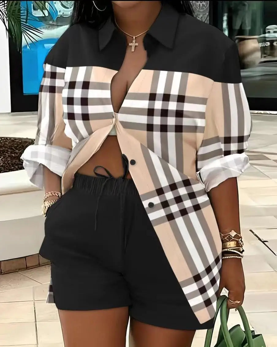 Casual Geometric Print Shirt Shorts Two Piece Set for Women