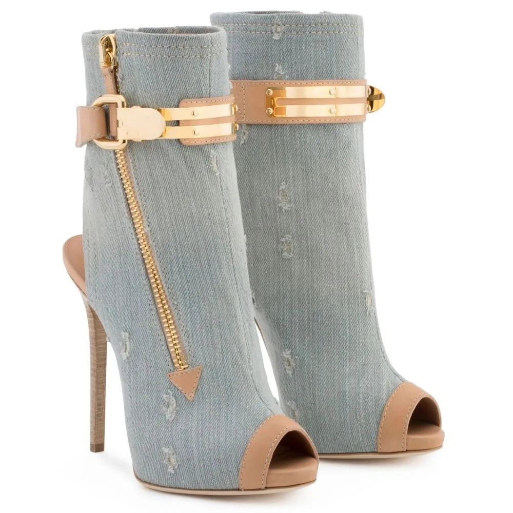 Distressed Denim Open Toe Stiletto Heel Ankle Boots With Gold Buckle for Women