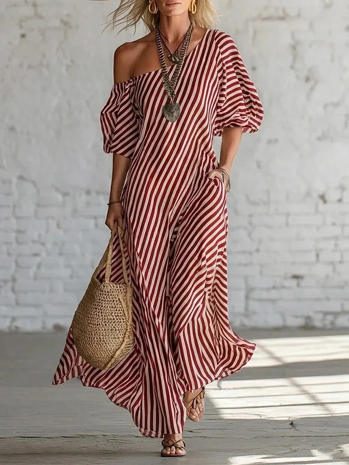Striped Off Shoulder With Pockets Maxi Dress for Women