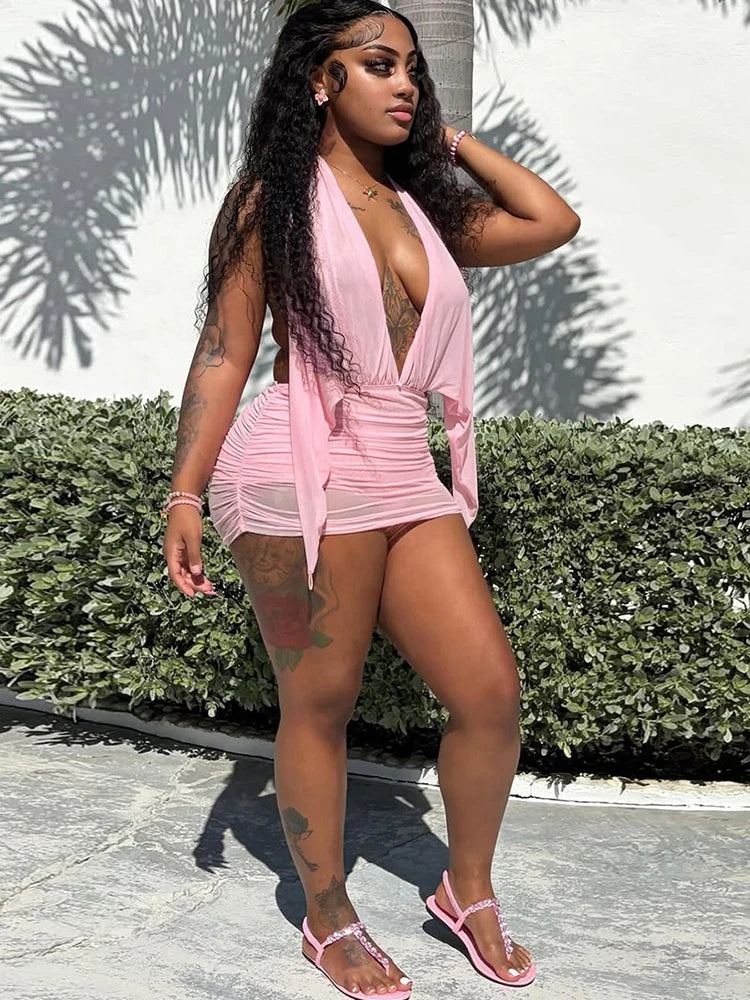 Backless Halter Ruched Deep V Neck Dress for Women