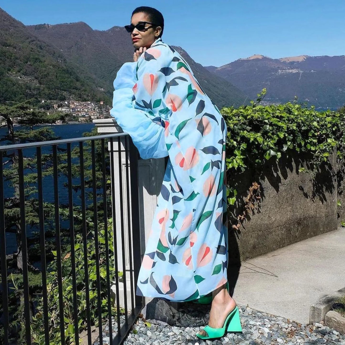 Vintage Floral Printed Chiffon Long Cardigan With Ruffle Sleeves for Women
