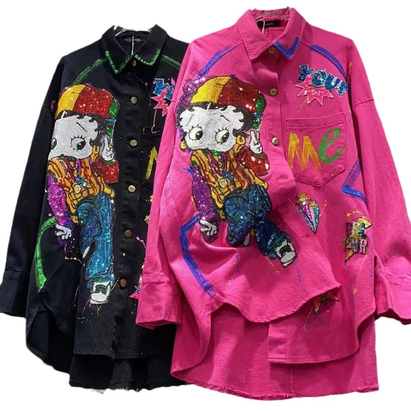 Casual Loose Sequined Denim Long Sleeve Turn Down Collar Jacket For Women