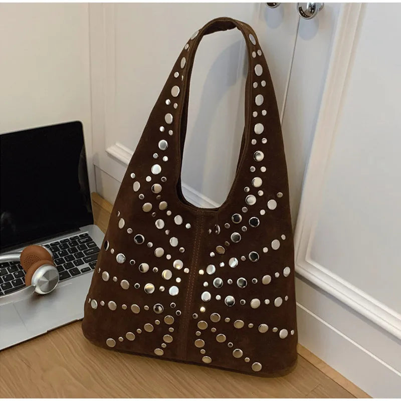 Polka Dot Rivet Tote Bag Women's Fashion Trend Texture Shoulder Bag High-end Luxury Suede Bucket Bag Commuter Female Handbag