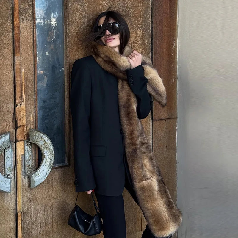 Long Thick Plush Faux Fur Scarf With Fringe for Women