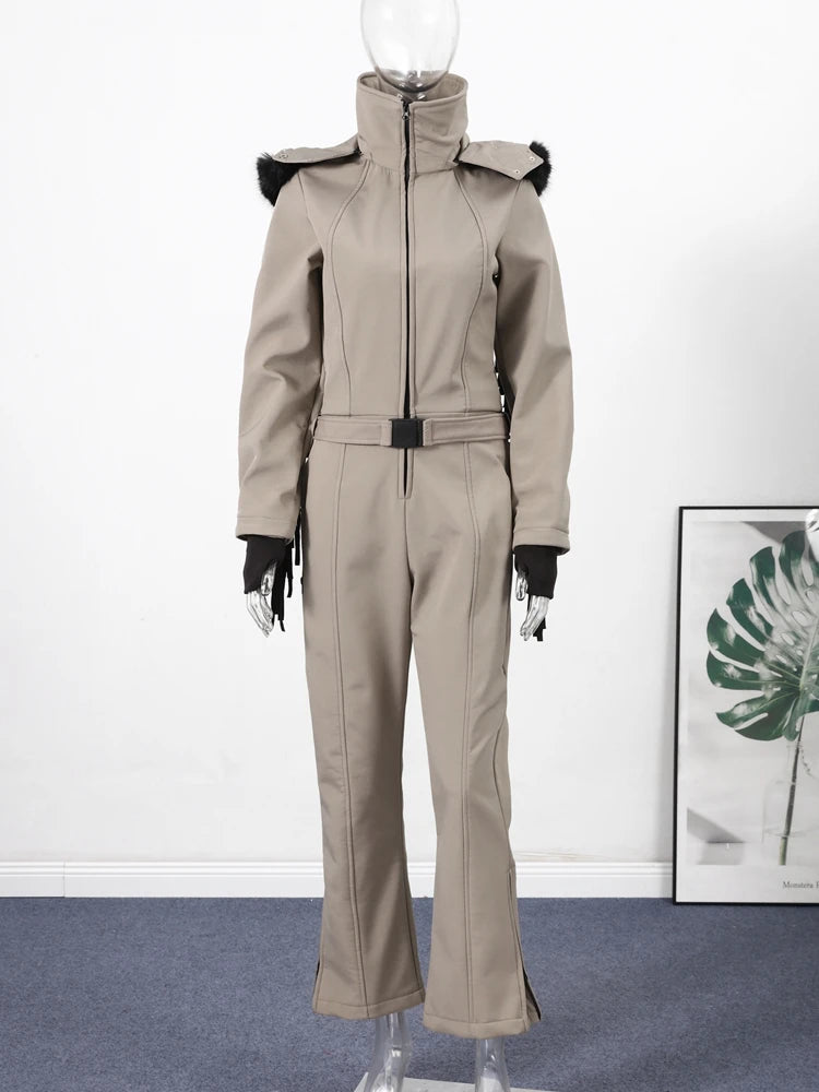 Tassel Red Slim Long Sleeve Stand Collar Wide Leg Jumpsuit for Women